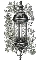 An Over The Garden Wall lantern glowing, broken chains below it. Around the lantern, vines and flowers, inside the lante tattoo design idea