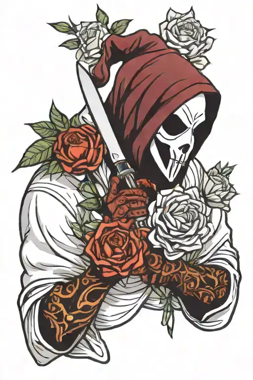 Ghostface holding a knife with flowers  tattoo design idea