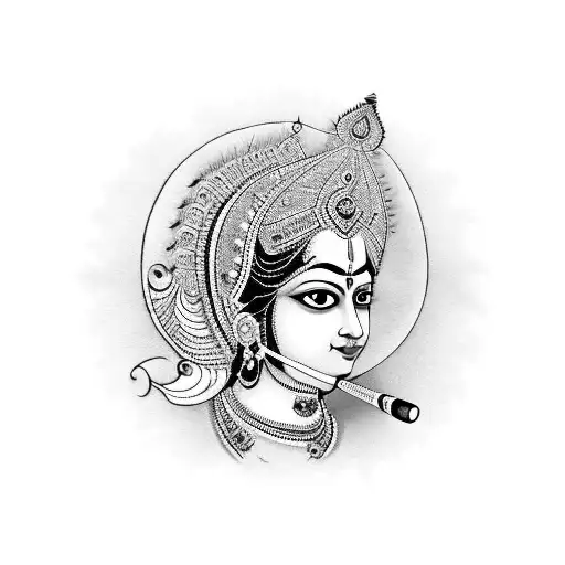 RadheKrishna written in cursive hindi with a little flute and Peacock feather aroound side tattoo design idea