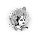 RadheKrishna written in cursive hindi with a little flute and Peacock feather aroound side tattoo design idea