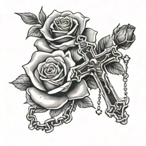 rose and catholic rosary tattoo design idea