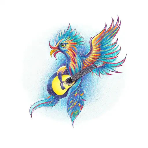 A tattoo of a phoenix playing a guitar in a serene outdoor setting tattoo design idea