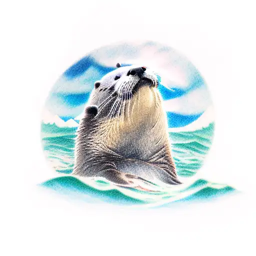 A realistic tattoo of an otter floating on a river with a mountainous landscape in the background tattoo design idea