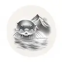 A realistic tattoo of an otter floating on a river with a mountainous landscape in the background tattoo design idea