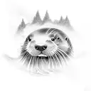 A realistic tattoo of an otter floating on a river with a mountainous landscape in the background tattoo design idea