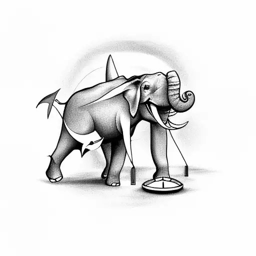 An elephant playing disc golf with a shark caddy tattoo design idea