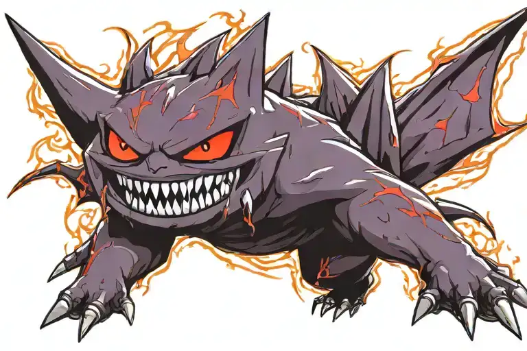 the gengar pokemon with red eyes and a black aura. tattoo design idea
