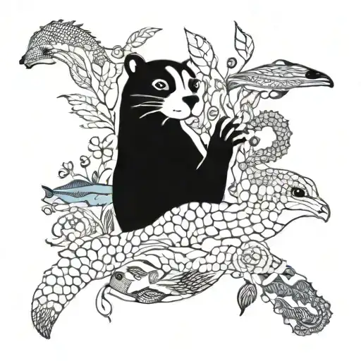 patchwork-style animal tattoos. bottom with kelp, otters, sea life, then land-dwelling animals, then a branch w/ birds   tattoo design idea