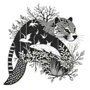 patchwork style animal sleeve. bottom with kelp, otters, sea life, then land-dwelling animals, then a branch w/ birds   tattoo design idea