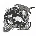 patchwork style animal sleeve. bottom with kelp, otters, sea life, then land-dwelling animals, then a branch w/ birds   tattoo design idea