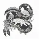 patchwork style animal sleeve. bottom with kelp, otters, sea life, then land-dwelling animals, then a branch w/ birds   tattoo design idea