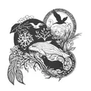 patchwork style animal sleeve. bottom with kelp, otters, sea life, then land-dwelling animals, then a branch w/ birds   tattoo design idea