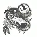 patchwork style animal sleeve. bottom with kelp, otters, sea life, then land-dwelling animals, then a branch w/ birds   tattoo design idea