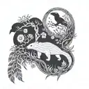 patchwork style animal sleeve. bottom with kelp, otters, sea life, then land-dwelling animals, then a branch w/ birds   tattoo design idea