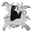 patchwork-style animal tattoos. bottom with kelp, otters, sea life, then land-dwelling animals, then a branch w/ birds   tattoo design idea