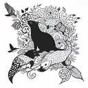 patchwork-style animal tattoos. bottom with kelp, otters, sea life, then land-dwelling animals, then a branch w/ birds   tattoo design idea
