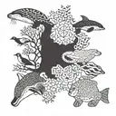 patchwork-style animal tattoos. bottom with kelp, otters, sea life, then land-dwelling animals, then a branch w/ birds   tattoo design idea