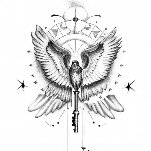American hawk with spread wings holding a key surrounded by celestial elements tattoo design idea