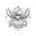 American hawk with spread wings holding a key surrounded by celestial elements tattoo design idea