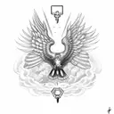 American hawk with spread wings holding a key surrounded by celestial elements tattoo design idea