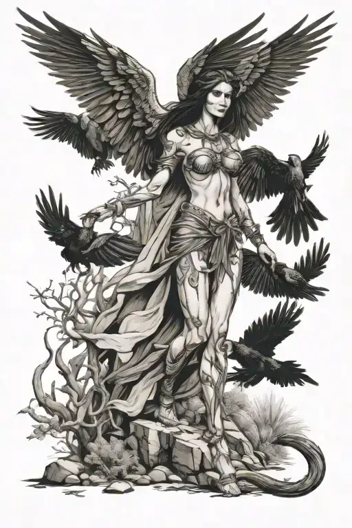 Goddess Morrigan walking through arid area and nature revives in her wake tattoo design idea