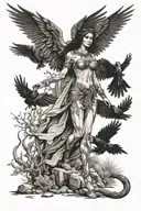 Goddess Morrigan walking through arid area and nature revives in her wake tattoo design idea