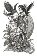 Goddess Morrigan walking through arid area and nature revives in her wake tattoo design idea