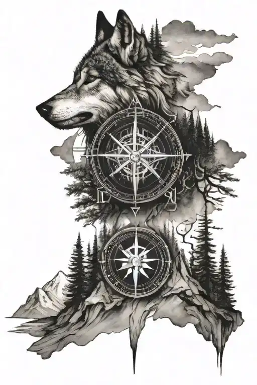 wolf, mountains, compass, trees tattoo design idea