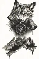 wolf, mountains, compass, trees tattoo design idea