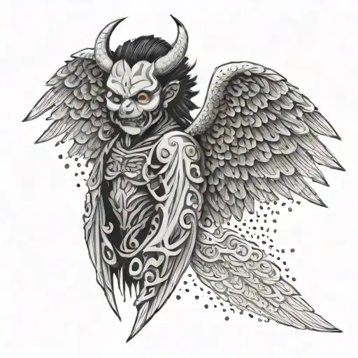 A traditional Japanese demon tattoo morphing into an angel wing, symbolizing the student's journey from darkness to light tattoo design idea