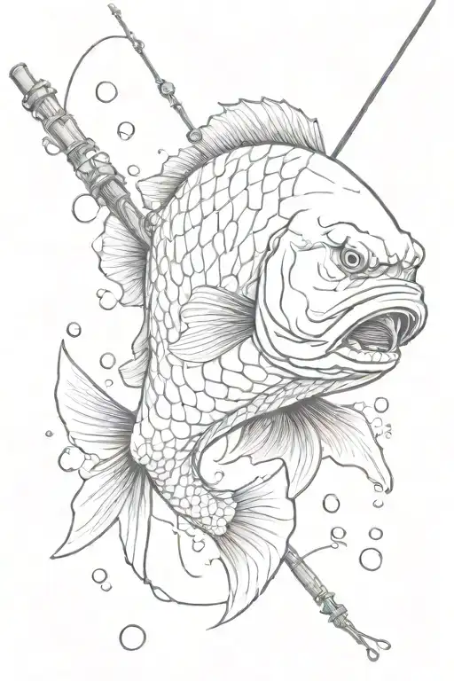 big carp under water catching fishing rod  tattoo design idea