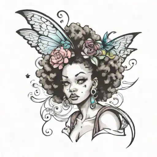 fairy with afro puffs tattoo design idea