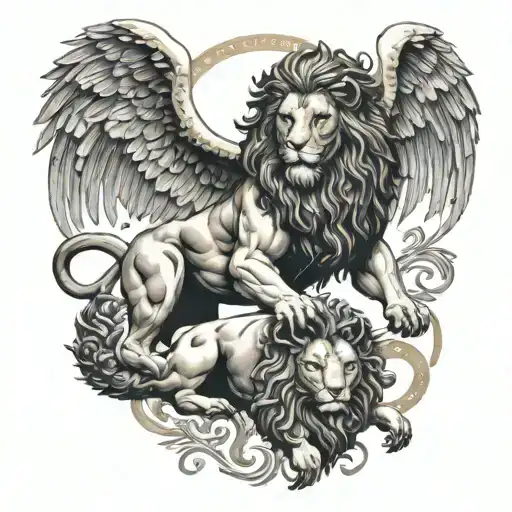 nemean lion with minotaurus  golden-woolled winged ram nemesis the goddess with scale  tattoo design idea