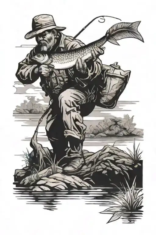 fisherman standing on river bank  tattoo design idea