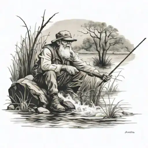fisherman on riverbank tattoo design idea