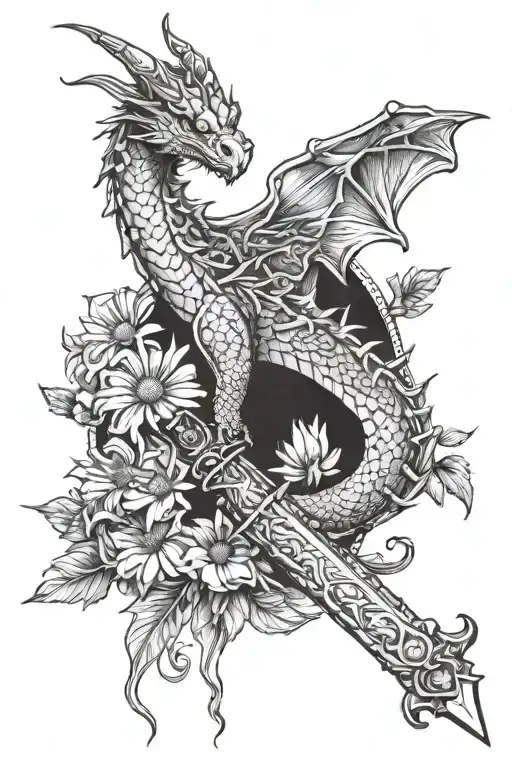 dragon wrapped around sword adorned with snapdragon and daisies tattoo design idea