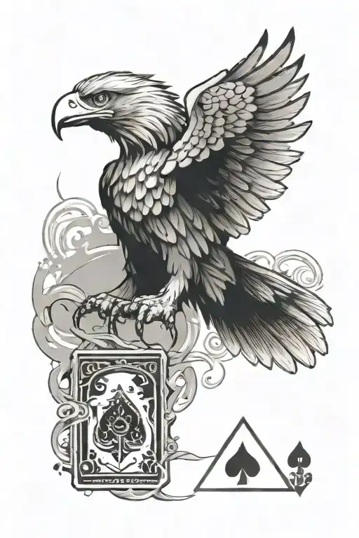 A stylized black-grey tattoo of a majestic eagle holding an Ace of Spades card in its talons, with a hiking trail winding through the background tattoo design idea
