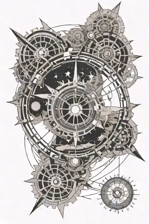 Solar eclipse seen from above in space steampunk inside a compass surrounded by steam tattoo design idea
