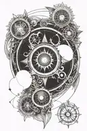 Solar eclipse seen from above in space steampunk inside a compass surrounded by steam tattoo design idea