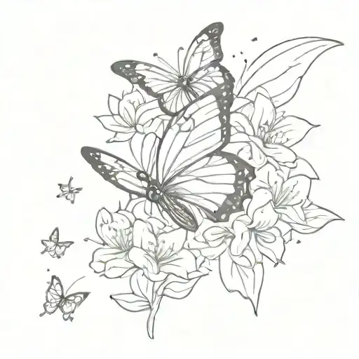 Azalea flower line work butterfly emerging with stars and dots tattoo design idea