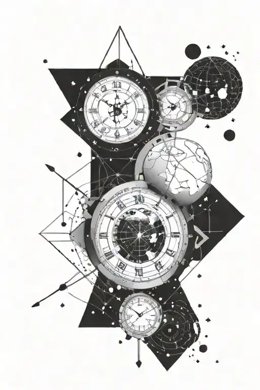 clock on the background of the universe with stars planet earth and moon tattoo design idea