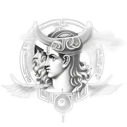 Greek mythology, the 12 Gods of Olympus in series, all of their faces surrounded by an aura of their distinct powers tattoo design idea
