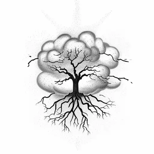 a tree becoming lightning and storm clouds as it goes higher it becomes constellations and nebulous tattoo design idea