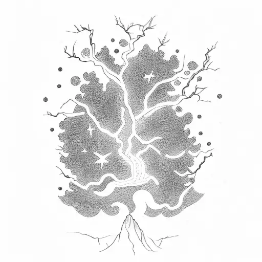 a tree becoming lightning and storm clouds as it goes higher it becomes constellations and nebulous tattoo design idea