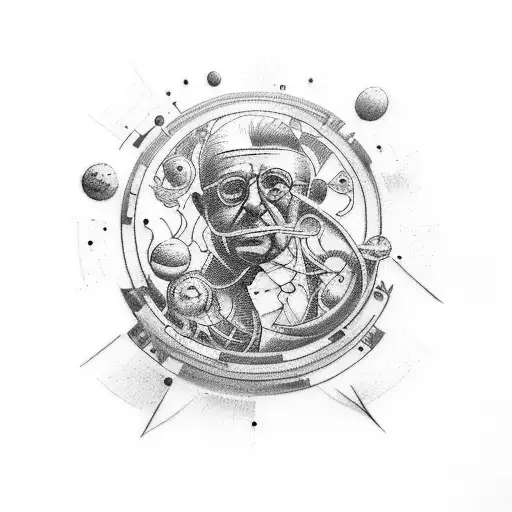 create a tatto design with keywords: time, space, relativity, music, art, science, cosmos, jean-paul sartre, sad tattoo design idea