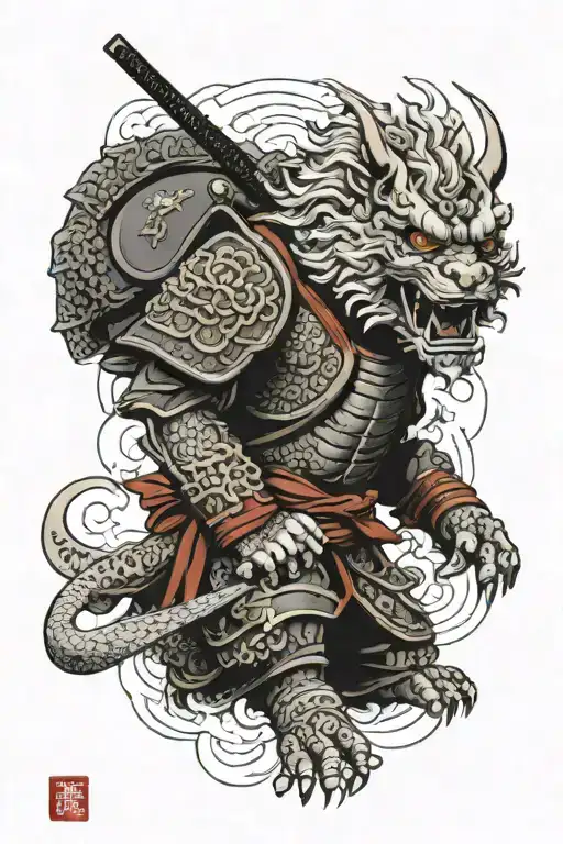 Japanese armor with samurai, cherry  and komainu  tattoo design idea