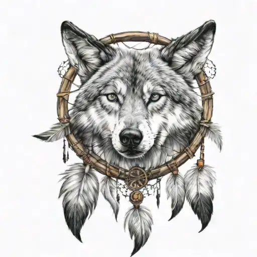 dreamcatcher with a wolf head tattoo design idea