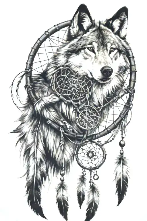 dreamcatcher with a wolf on top tattoo design idea