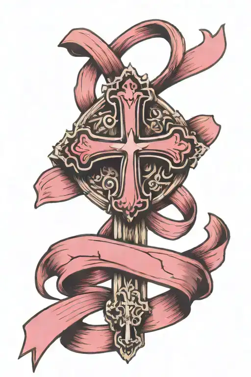 simple orthodox cross with breast cancer ribbon woven together tattoo design idea