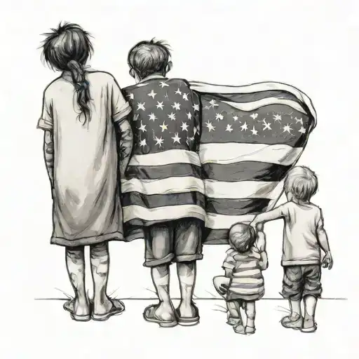 A black-grey tattoo of your kids holding hands and standing in front of a large American flag, symbolizing unity and family values tattoo design idea